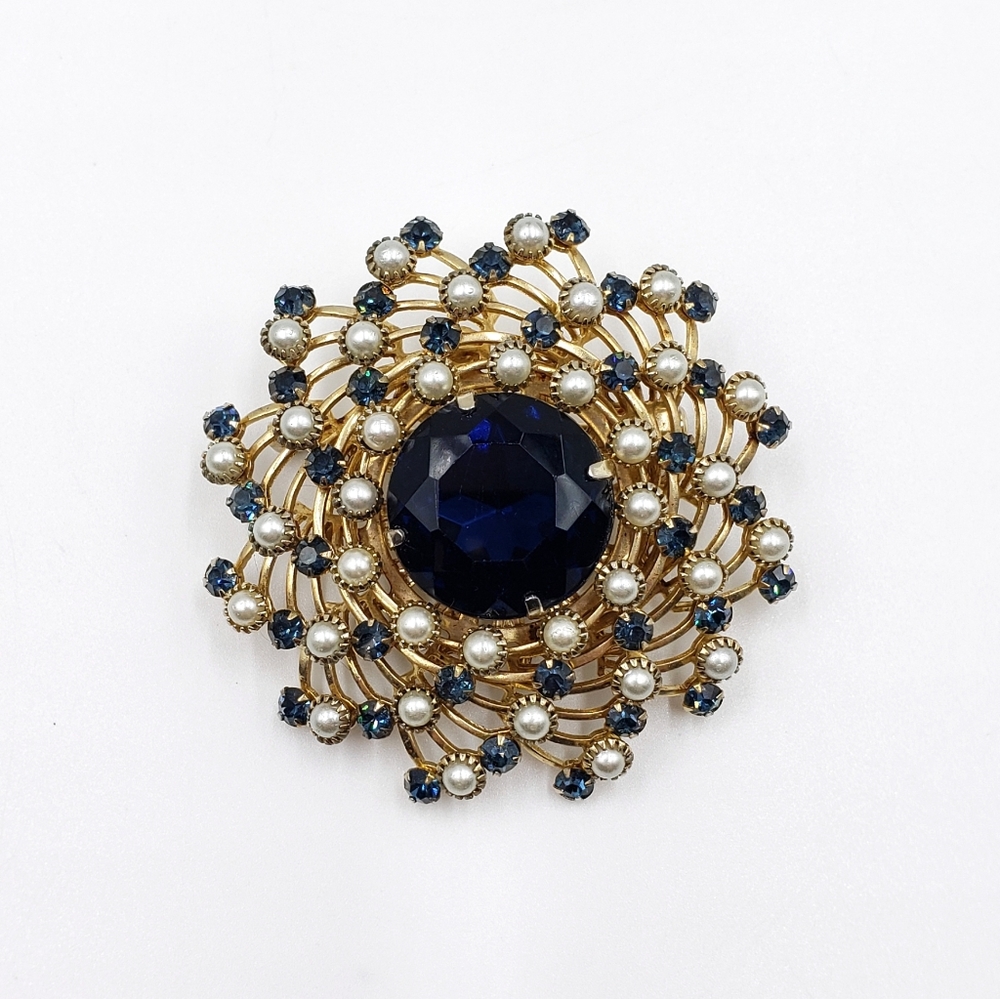 Vtg Judy Lee Brooch Pin Pearl Blue Rhinestone Gold
